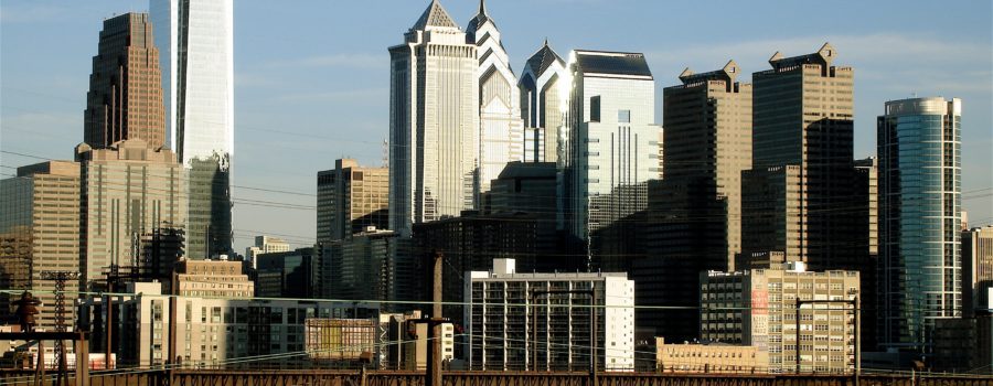 A view of the city skyline from across the river.