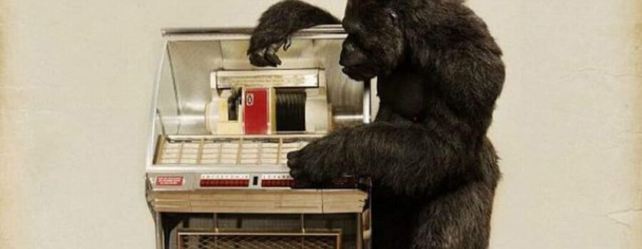 A gorilla sitting on top of an old fashioned oven.