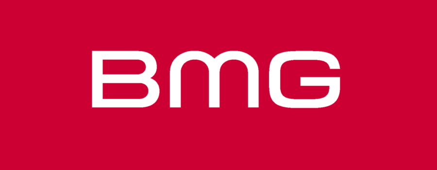 A red background with white letters that say bmg.