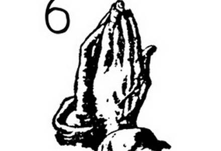 A black and white image of a praying hands.