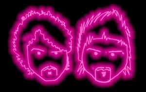 Two pink neon heads of a man and woman.